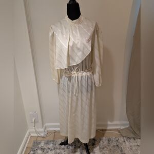 Vintage 1970s Unbranded Ivory Polyester Midi Dress High Neck Elastic Waist Disco